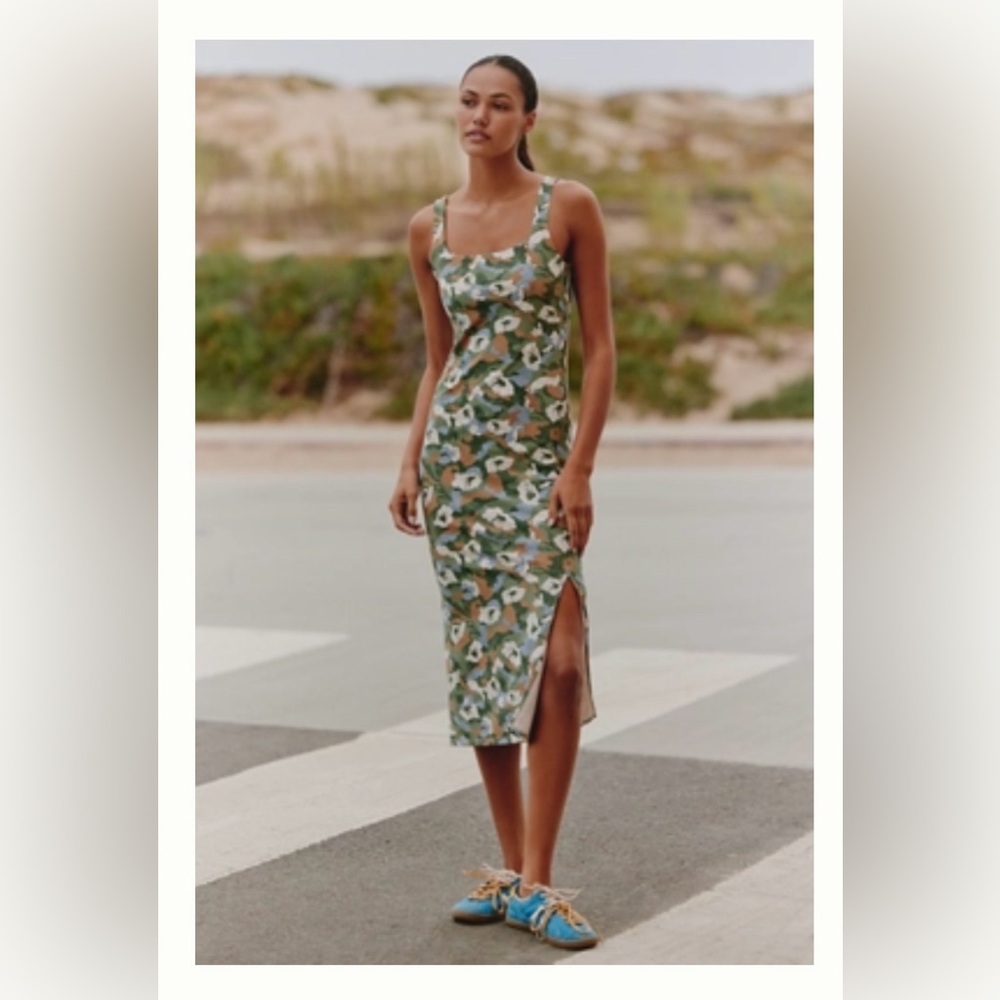 DAILY PRACTICE BY ANTHROPOLOGIE Square-Neck Midi Dress - Green Pattern